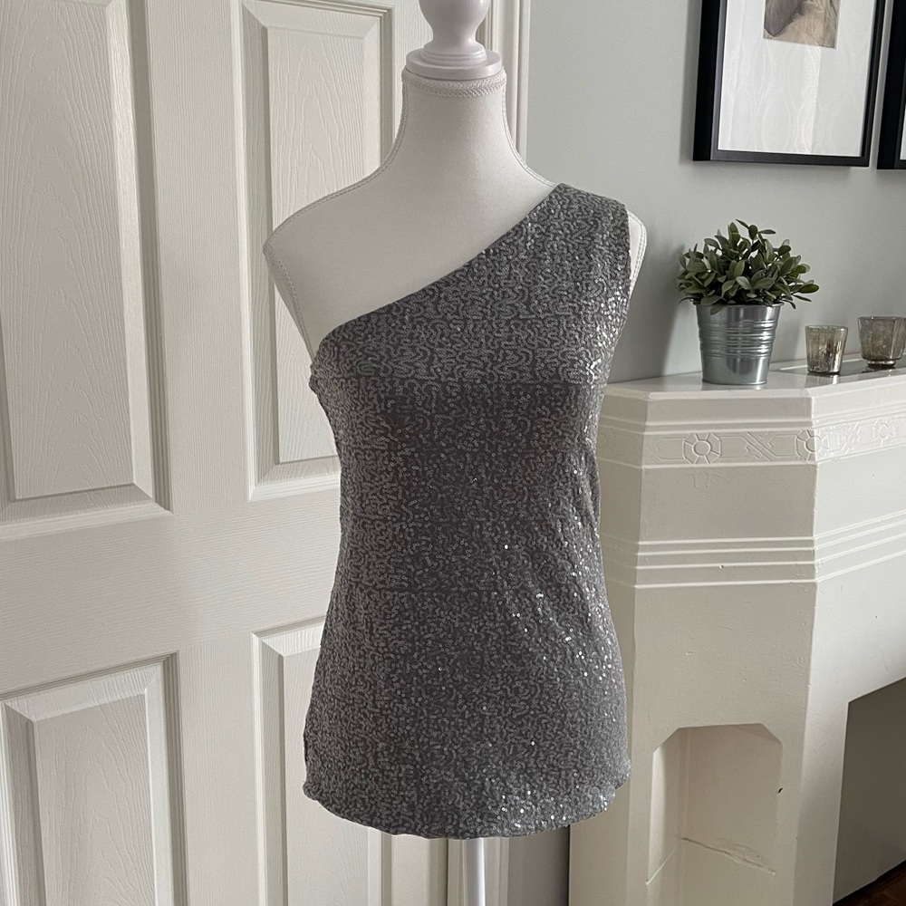 Modern one shoulder top in stretch knit fabric with all over sequins- Monochrome